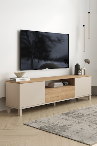 Mood Tv Ünitesi Sehpası 2 Kapaklı 2 Çekmeceli Ahşap Ayaklı 180cm Kumsal-sepet Md1-cs Bej