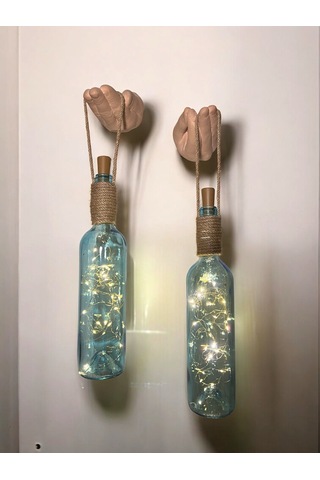 El Figürlü Duvar Lambası Pilli Led Işıklı Dekoratif Mavi Boyalı Cam Şişe Aydınlatma Vintage El Y Mavi