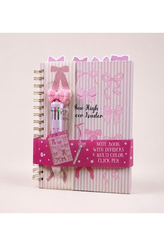 Pembe Fiyonk Temalı 4 Bölmeli Çizgili Defter & 10 Renkli Tükenmez Kalem Kırtasiye Seti