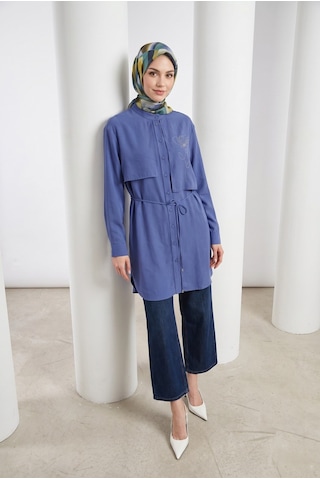 Armine Trend Aller Detaylı Beli İpli Çiçek Desen İşlemeli Tunik İndigo 26yt407