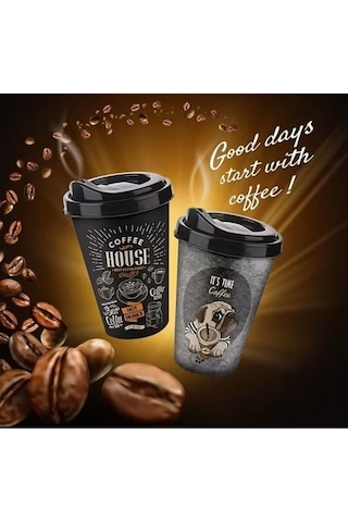 2&apos Li Coffee House Desenli Kahve Bardağı Takımı 2 X 400 Ml - Kahverengi Pipet Girişli Kapaklı İçecek Bardağı Paketi Açık Ahşap
