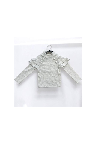 Kız Çocuk Kışlık Kolları Fırfırlı Örme Kazak-14423 Gri