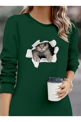 S-pazarım Kadın Uzun Kollu Bisiklet Yaka Kısa Viskon Iki Iplik Elbise Yeşil