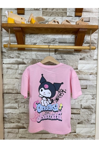 Aysbebe Kuromi Cheeky Baskılı Fırçalı Kumaş Kız Çocuk Tişört Pembe 2110