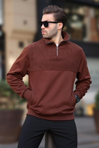 Madmext Acı Kahverengi Dik Yaka Yarım Fermuarlı Polar Sweatshirt 7096 Acı Kahverengi