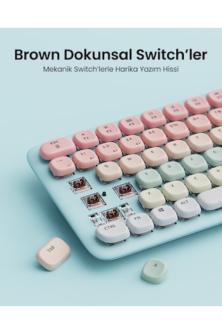 Ugreen Fun+ Renkli Tuşlu Aydınlatmalı Brown Switch Mekanik Bluetooth Kablosuz Türkçe Q Klavye