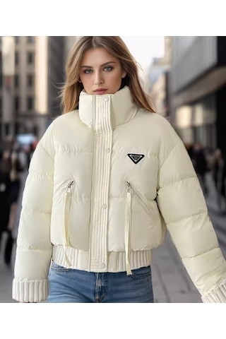 F4.beyaz..kadın Kısa Şişme Mont Hafif Dolgu, Şehir Stili Beyaz