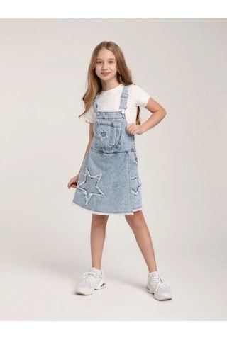 Kız Çocuk Yıldız Desenli Kot Şort Etek Salopet-15639 Mavi