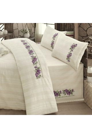 Buldan İşi Kanaviçe Nakışlı Çift Kişilik Nevresim Takımı-Lila Krem