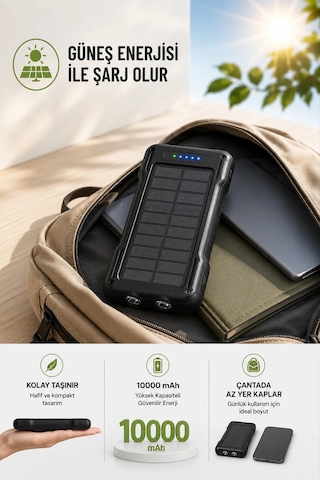 Exenar - Siyah - Güneş Enerjili Powerbank Kendinden Kablolu Solar Taşınabilir Şarj Aleti Çift Led Fenerli 10.000 Mah