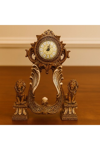 Aslan Figürlü Dekoratif Masa Saati Kraliyet Tarzı 40x28 A.kahve