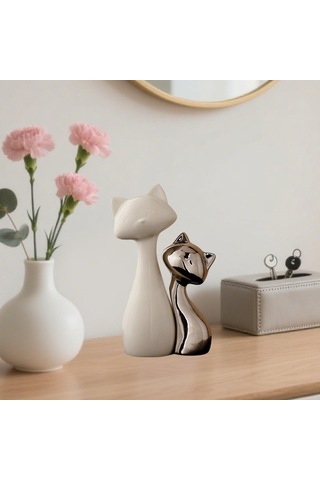 Homyl Şömine Masası Ofisi Için 2 Parça Kedi Heykeli Seramik Küçük