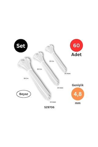 Plastik Kablo Bağı, 250-300-380 Mm X 4.8 Mm, 60 Adet, Beyaz