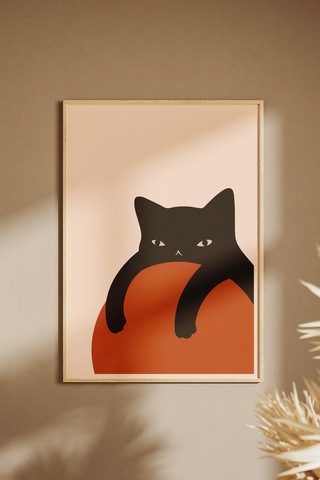 Siyah Kedi Eğlenceli Dekoratif Tasarım Poster Tablo Ahşap Çerçeveli