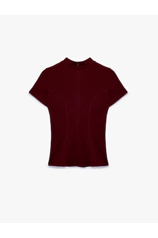 Koton Slim Fit Dokulu Dik Yaka Kısa Kollu Peplum Bluz Bordo 7wak50107ek