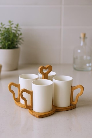 Bambum Fugu - Bambu Standlı 4'lü Kupa Seti Beyaz