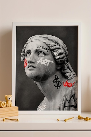 Modern Grafiti Klasik Heykel Çerçeveli Tablo Kripto Ve Finans Dünyası Ofis Dekoru Modifiye Sanat