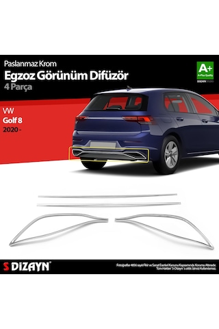 S-dizayn Vw Golf 8 Krom Egzoz Görünümü Difüzör 4 Prç. 2020 Üzeri A+ Kalite