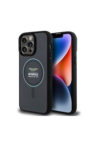 Apple Uyumlu iPhone 14 Pro Max Kılıf Aston Martin Lisanslı Magsafe Renkli Halka Ve Karbon Fiber Kapak Siyah-yeşil