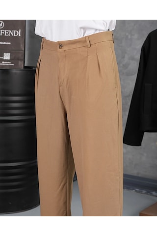 Modefendi Baggy Kalıp Pile Detaylı Kumaş Pantolon Camel