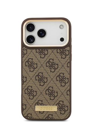 Apple Uyumlu iPhone 17 Pro Max Kılıf Guess Lisanslı M-safeli 4g Desenli Pu Metal Plaka Klasik Logolu Kahverengi Kahverengi