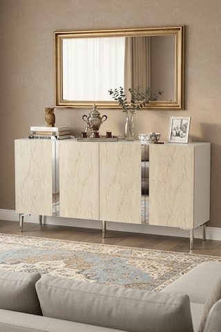 Ka1598bts Anka150 Konsol, Kahve Köşesi, Tv Sehpası Ve Dolap Beyaz - Traverten - Sılver 150cm