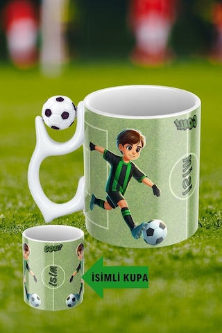 Siyah Beyaz Futbol Toplu Yeşil Siyah Forma Oyunculu Taraftar İsimli Baskılı Kupa Bardak Beyaz