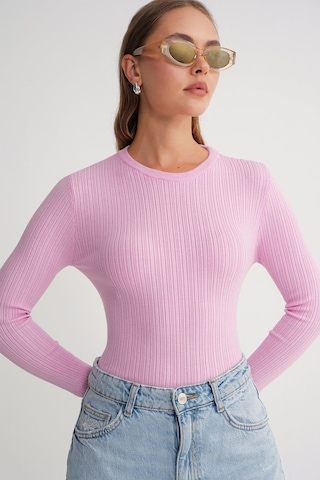 Mixray 6938 Kadın Bisiklet Yaka Fitilli Triko Body Pembe