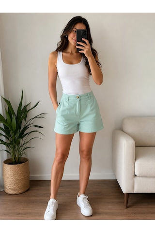 Nido Moda Yüksek Bel Pens Detaylı Mint Yeşili Denim Şort