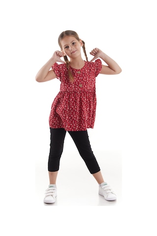 Ahengim Kız Çocuk Takım Vizkon Baskılı Taytlı Alt Üst Takım Pamuklu Ak2522 Kırmızı