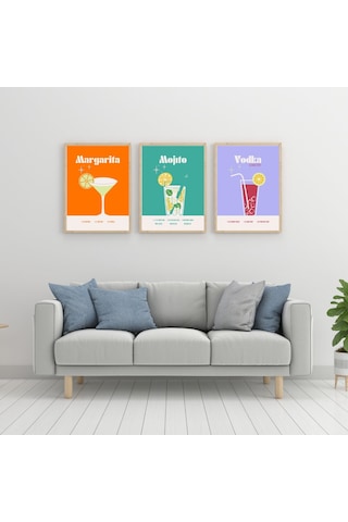 Renkli Kokteyler Duvar Tablosu Çerçeveli 3'lü Set Ahşap Renk 30 X 42 Boyut/ebat