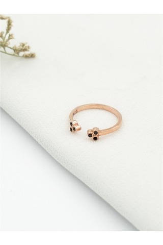 Brezza Lusso Jewelry Minimal Siyah Taşlı Eklem Gümüş Yüzük Rose