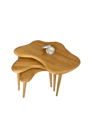 Fawdecor Asimetrik Masif Ahşap Zigon Sehpa Takımı 3'lü Set Meşe