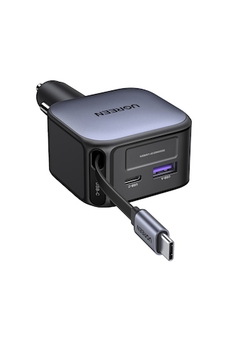 Ugreen 60w Usb-c Makaralı Dahili Kablolu Hızlı Araç Çakmaklık Şarj Cihazı, 1x Usb-c 1x Usb-a, 55212b