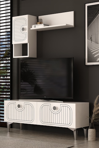 120dhdtdr3bg Hera Lazer Desenli Raflı Tv Sehpası, Ünitesi Beyaz-gümüş