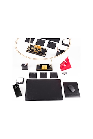 Optima 10 Parça Türk Bayraklı Siyah Deri Sümen Seti Takımı Gold Kalem Ofis Masa İsimliği İsimlik