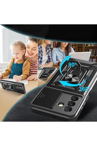 Samsung Uyumlu Galaxy A17 Kılıf Sürgülü Tank Zırh Yüzüklü Mıknatıslı Standlı Kapak S-vega Mavi