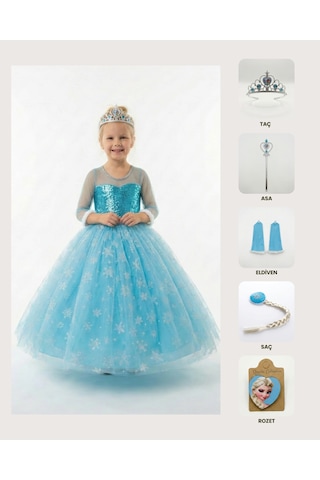 Butikhappykids Frozen Elsa Kostümü Uzun Kollu Kız Çocuk Prenses Elbisesi Taç+asa+saç+eldiven+rozet Hediyeli Mavi