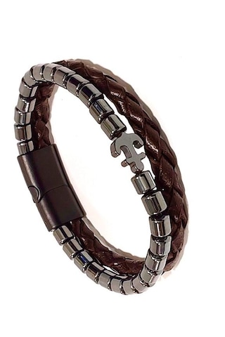 Çıpa Figürlü Hematit&%100 Deri Kahverengi Erkek Bileklik 21cm Kahverengi