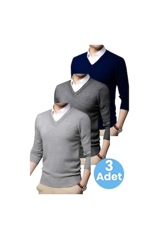 Tezzgelsin 3'lü Erkek V Yaka Uzun Kol Triko Tüylenmez Süveter Erkek Slim Fit Süveter Gri Füme - Lacivert