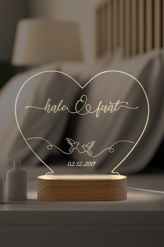 Çiftler İçin Güvercin Motifli Kişiye Özel Led Gece Lambası Masif Ahşap Tabanlı Usb Kablolu Pleksi Led Gece Lambası