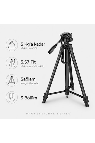 Profesyonel Kamera Ve Telefon Tripodu 155 Cm Bluetooth Kumandalı Su Terazili 3 Yollu Kafa Fotoğraf Video Çekim Tripodu 155cm