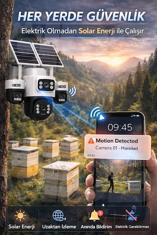 4 Kameralı 3 Otomatik - 4g Güneş Enerjili Solar Güvenlik Kamerası Kişi Takip Dual Led Gece Renkli