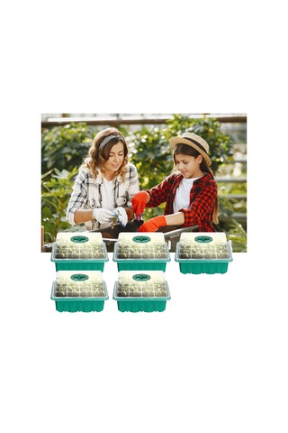 Xindoker 12 Hücreli Işıklı Fide Yetiştirme Seti 5 Adet - Isı Ve Nem Regülasyonlu, Su Drenajlı, Transparan Kapaklı Bahçe Fide Tepsisi Yeşil