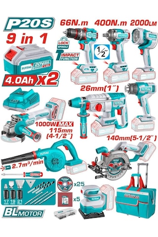 Total TOSLI250381E 9'lu Avantaj Set Akülü Kırıcı Delici + Taşlama + Matkap Vidalama Set Total TOSLI250381E 9'lu Avantaj Set Akülü Kırıcı Delici + Taşlama + Matkap Vidalama Set