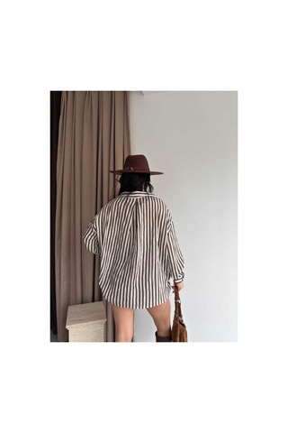 Unika Boutique Çizgili Oversize Gömlek Kahverengi