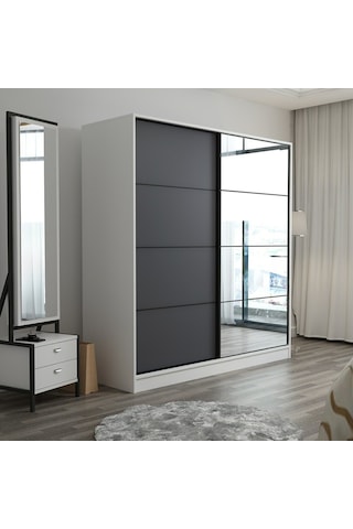 Minarmobilya Minar Kale 2 Kap. Ayna Sürg. Dolap 180 Cm - Beyaz/ Antrasit