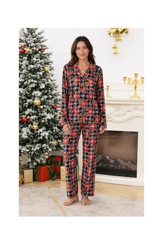 Pemilo Kadın 0363 Süet Düğmeli Pijama Takımı Lacivert-bordo