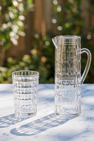 Akrilik Allegra Şeffaf 7 Parça Su Meşrubat Kahve Yanı Bardağı 400 Ml Ve Akrilik Allegra Şeffaf 1,5 Lt Sürahi Cam Değildir