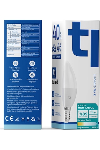 Redeem C37S E14 Mum Ampul, Titreşimsiz, Göz Konforu, 510 Lümen, Soğuk Beyaz, 6500 Kelvin